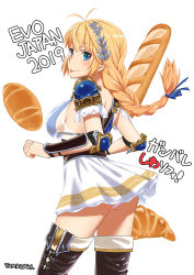 Rule 34 | 1girl, armor, ass, blonde hair, blue eyes, blush, braid, bread, breasts, cleavage, evolution championship series, food, green eyes, jewelry, large breasts, long hair, panties, single braid, solo, sophitia alexandra, soul calibur, soulcalibur, soulcalibur vi, tongue, tongue out, translation request, underwear, white background, yamazaki masakazu