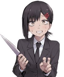 Rule 34 | 1girl, black hair, black jacket, black necktie, chainsaw man, clenched teeth, collared shirt, hair ornament, hairclip, higashiyama kobeni, highres, holding, holding knife, jacket, kitchen knife, knife, looking at viewer, low ponytail, mole, mole under eye, mole under mouth, multiple moles, necktie, ponytail, shirt, simple background, solo, sweat, tears, teeth, upper body, v, weapon, white background, white shirt, yachima tana