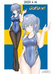 Rule 34 | 1girl, absurdres, black pantyhose, blue eyes, blue hair, blue one-piece swimsuit, breasts, character name, collarbone, competition swimsuit, covered navel, cowboy shot, crossed legs, dated, flag background, full body, gotland (kancolle), hair bun, hand on own hip, highres, kantai collection, long hair, looking at viewer, medium breasts, mole, mole under eye, nkgw, one-piece swimsuit, pantyhose, pantyhose under swimsuit, simple background, single hair bun, smile, solo, standing, swedish flag, swimsuit, thighband pantyhose, white background, zoom layer