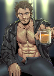 Rule 34 | 1boy, abs, alcohol, body hair, brown hair, dream daddy: a dad dating simulator, facial hair, glass, highres, jacket, male focus, muscular, open clothes, open jacket, pectorals, pubic hair, pubic hair peek, robert small, short hair, sitting, smile, solo, spread legs, suyohara