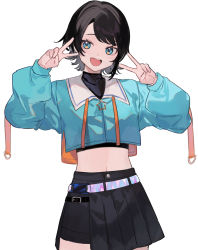 Rule 34 | 1girl, :d, alternate costume, belt, black hair, black shirt, black skirt, blue eyes, blue shirt, cowboy shot, crop top, crop top overhang, double v, hands up, hololive, long sleeves, looking at viewer, midriff, navel, oozora subaru, open mouth, pleated skirt, puffy sleeves, shirt, short hair, shugao, simple background, skirt, smile, solo, standing, undershirt, v, virtual youtuber, white background, wing collar