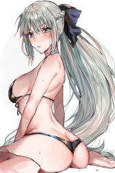 Rule 34 | 1girl, ass, back, bikini, black bikini, black bow, blue eyes, blush, bow, braid, breasts, dimples of venus, fate/grand order, fate (series), feet, french braid, grey hair, highres, large breasts, long hair, looking at viewer, looking back, morgan le fay (fate), ponytail, sideboob, sidelocks, simple background, sitting, solo, swimsuit, very long hair, white background