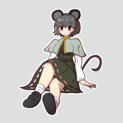 Rule 34 | 1girl, animal ears, black footwear, brown eyes, dress, full body, grey background, grey dress, grey hair, jewelry, kunugi oekaki, long sleeves, looking at viewer, mouse ears, mouse girl, mouse tail, nazrin, open mouth, pendant, short hair, simple background, sitting, solo, tail, touhou, white legwear