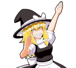 Rule 34 | 1girl, apron, arm up, black dress, blonde hair, bow, commentary request, dress, eyebrows, frills, grin, hair between eyes, hair bow, hat, hat bow, hat ribbon, kirisame marisa, long hair, looking at viewer, puffy short sleeves, puffy sleeves, ribbon, round teeth, short sleeves, simple background, smile, solo, teeth, touhou, usain bolt, witch hat, yamato damashi