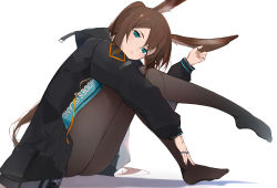 Rule 34 | 1girl, absurdres, amiya (arknights), animal ear fluff, animal ears, arknights, bad id, bad pixiv id, black jacket, blue eyes, blush, brown hair, closed mouth, commentary, from side, full body, hair between eyes, head tilt, highres, holding ears, jacket, jewelry, knees up, long hair, long sleeves, looking at viewer, multiple rings, no shoes, open clothes, open jacket, pantyhose, rabbit ears, revision, ring, rrr ato, shadow, sidelocks, sitting, skirt, solo, thighs, thumb ring, very long hair