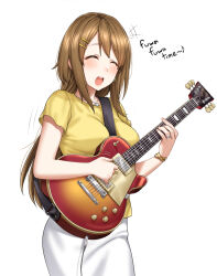 Rule 34 | 1girl, aged up, brown hair, closed eyes, fuwafuwa time, guitar, heart, heart (symbol), heart necklace, highres, hirasawa yui, holding, holding instrument, instrument, jewelry, k-on!, necklace, open mouth, ring, solo, standing, tagme, teeth, yakimi 27