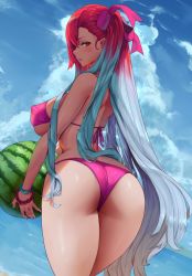 Rule 34 | 1girl, absurdres, araneesama, artist name, ass, bare shoulders, bikini, blue hair, blue sky, blush, bracelet, breasts, cloud, cloudy sky, covered erect nipples, day, fingernails, food, from behind, fruit, gradient hair, highleg, highleg bikini, highres, holding, holding food, jewelry, large breasts, lips, long hair, looking at viewer, looking back, multicolored hair, ocean, outdoors, parted lips, purple bikini, red eyes, red hair, riela marcellis, senjou no valkyria, senjou no valkyria (series), senjou no valkyria 3, shiny clothes, shiny skin, simple background, sky, solo, swimsuit, thighs, two-tone hair, water, watermelon