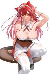 Rule 34 | 1girl, animal ears, bare shoulders, black panties, blush, breasts, cat ears, cleavage, heterochromia, highres, hololive, houshou marine, large breasts, licking lips, long hair, looking at viewer, panties, red eyes, red hair, solo, takeno omoti, thighhighs, tongue, tongue out, underwear, virtual youtuber, white thighhighs, yellow eyes