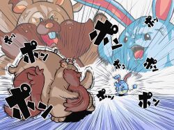Rule 34 | 2others, :3, anger vein, angry, azumarill, belly drum (pokemon), black eyes, brown fur, competition, creatures (company), debudebumetabo, emphasis lines, face-to-face, fighting, from below, full body, game freak, gameplay mechanics, gen 2 pokemon, gen 8 pokemon, greedent, highres, motion lines, multiple others, nintendo, no fingers, no humans, open mouth, pokemon, pokemon (creature), rabbit ears, simple background, squirrel tail, standing, tail, teeth, translation request, upper teeth only, weapon, zoom layer