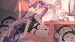 Rule 34 | 1girl, black shirt, black skirt, chair, closed mouth, commentary request, gangzi (vtuber), highres, indie virtual youtuber, keyboard (computer), long hair, looking at viewer, monitor, myabit, on chair, photo (object), purple hair, shirt, sitting, skirt, solo, thigh strap, thighs, yellow eyes