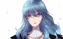 Rule 34 | 1girl, blue eyes, blue hair, byleth (female) (fire emblem), byleth (fire emblem), closed mouth, crying, crying with eyes open, fire emblem, fire emblem: three houses, highres, nintendo, petals, roroichi, simple background, solo, tears, upper body, white background
