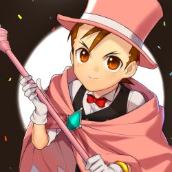 Rule 34 | &gt;:), 1boy, ace attorney, aged down, apollo justice, aqua gemstone, black vest, blush, bow, bowtie, bracelet, brown eyes, brown hair, cape, child, closed mouth, collared shirt, dot nose, from above, gloves, hat, holding, holding staff, jewelry, looking at viewer, male focus, mizz (mizzmizz), pink cape, pink hat, red bow, red bowtie, shirt, smile, solo, staff, top hat, two-tone background, upper body, v-shaped eyebrows, vest, white gloves, white shirt