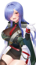 Rule 34 | 1girl, :d, absurdres, azur lane, belt, black dress, blurry, blush, breasts, brown thighhighs, cape, cleavage, collared dress, commentary, commission, cowboy shot, depth of field, dress, epaulettes, garter straps, gloves, green cape, green dress, hair between eyes, hair over one eye, hand up, highres, large breasts, long hair, long sleeves, looking at viewer, multicolored clothes, multicolored dress, necktie, open mouth, pixiv commission, purple hair, red eyes, red necktie, seele0907, sidelocks, simple background, sitting, skindentation, smile, solo, thighhighs, trento (azur lane), two-tone cape, very long hair, white background, white belt, white cape, white dress, white gloves, wrist cuffs, zettai ryouiki