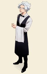 Rule 34 | 1boy, adam&#039;s apple, apron, arm at side, bandaid, bandaid on face, bandaid on nose, black apron, black bow, black bowtie, black footwear, black vest, blue eyes, boku no hero academia, bow, bowtie, closed mouth, collared shirt, fingernails, full body, grey background, highres, holding, holding towel, long sleeves, looking at viewer, loud cloud, male focus, rnuyvm, shirt, short hair, simple background, solo, towel, vest, waist apron, waiter, white hair, white shirt