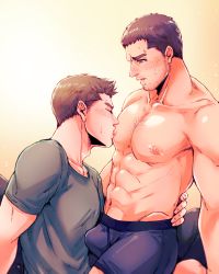 Rule 34 | 2boys, abs, absurdres, bara, black hair, black male underwear, black shirt, blouse, boxer briefs, brown hair, bulge, chest hair, chris redfield, closed eyes, couple, erection, erection under clothes, facial hair, highres, komatta (jammochi), large pectorals, looking at another, male focus, male underwear, multiple boys, muscular, muscular male, navel, nipples, on person, pectorals, piers nivans, resident evil, resident evil 6, shirt, short hair, sitting, sitting on person, sucking male nipple, underwear, yaoi