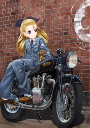 Rule 34 | 10s, 1girl, abazu-red, assam (girls und panzer), blonde hair, blue eyes, boots, brown footwear, brown gloves, dress shirt, emblem, girls und panzer, gloves, hair ribbon, jumpsuit, light smile, long hair, long sleeves, looking to the side, motor vehicle, motorcycle, necktie, ribbon, shirt, shoes, sitting, solo, st. gloriana&#039;s (emblem), striped, velocette mac350, vertical stripes, white shirt
