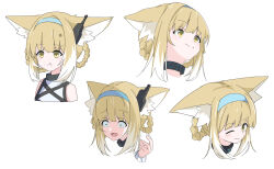 Rule 34 | 1girl, :t, ;), anger vein, animal ear fluff, animal ears, anime coloring, arknights, bare shoulders, blonde hair, blue hairband, closed mouth, commentary request, constricted pupils, cropped head, cropped torso, expressions, eyes visible through hair, hair rings, hairband, highres, infection monitor (arknights), looking ahead, looking at viewer, motsupu, multicolored hair, multiple views, one eye closed, open mouth, pout, scared, shaded face, shirt, short hair, simple background, sleeveless, sleeveless shirt, smile, split mouth, streaked hair, suzuran (arknights), tearing up, white background, white hair, white shirt, yellow eyes