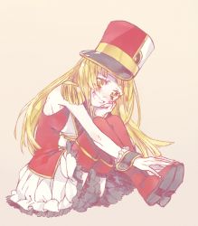 Rule 34 | 1girl, bad id, bad pixiv id, band uniform, bang dream!, blonde hair, boots, epaulettes, from side, grin, hand on own cheek, hand on own face, hat, kamesuke (turtle0124), knees up, looking at viewer, red footwear, shako cap, sitting, skirt, sleeveless, smile, solo, thigh boots, thighhighs, tsurumaki kokoro, white skirt, wrist cuffs, yellow eyes