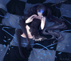 Rule 34 | 1girl, bad id, bad pixiv id, black hair, black rock shooter, black rock shooter (character), blue eyes, colored eyelashes, crossover, derivative work, dhiea, dress, eyelashes, glowing, glowing eyes, long hair, looking at viewer, lying, on back, parody, petticoat, solo, sword, thighhighs, twintails, uneven twintails, very long hair, vocaloid, weapon, world is mine (vocaloid)