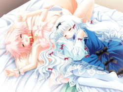 Rule 34 | 2girls, animal ears, bed, blue hair, blush, bow, child, closed eyes, collar, detached sleeves, dog ears, dog girl, dog tail, dress, fang, game cg, hair bow, hairband, lily (wanko to lily), long hair, lying, multiple girls, multiple hair bows, non-web source, on back, on side, open mouth, pantyhose, pillow, pink hair, sakurazawa izumi, short hair, sleeping, tail, very long hair, wanko, wanko (wanko to lily), wanko to lily, white hair, white pantyhose, wrist cuffs