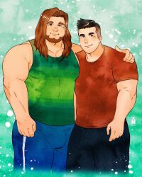 Rule 34 | 2boys, arm at side, bara, beard, blue pants, brown hair, bulge, couple, cropped legs, daisukebear, facial hair, green eyes, green tank top, hand on another&#039;s shoulder, highres, large pectorals, long hair, looking at viewer, male focus, mature male, multiple boys, muscular, muscular male, original, pants, pectorals, red shirt, shirt, short hair, sideburns, smile, t-shirt, tank top, thick thighs, thighs, undercut, yaoi