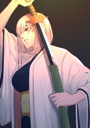 Rule 34 | 1girl, absurdres, arm up, bleach, blue kimono, breasts, commentary, dark background, english commentary, from side, hair over one eye, haori, highres, holding, holding sword, holding weapon, japanese clothes, katana, kimono, kotetsu isane, large breasts, low-tied sidelocks, multi-tied hair, nose, obi, parted lips, red eyes, sash, sheath, short hair, short hair with long locks, shynrinn, solo, sword, taichou haori, unsheathing, weapon, white hair, zanpakutou