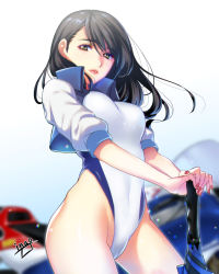 Rule 34 | 1girl, black hair, blurry, brown eyes, closed umbrella, commentary request, contrapposto, covered navel, cropped jacket, depth of field, fundoshi inao, highleg, highleg leotard, highleg swimsuit, jacket, leotard, lips, long hair, looking at viewer, md5 mismatch, motor vehicle, motorcycle, nail polish, one-piece swimsuit, original, planted, planted umbrella, race queen, resolution mismatch, signature, solo, source larger, standing, swimsuit, umbrella, white jacket, white leotard, white one-piece swimsuit