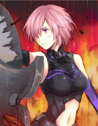 Rule 34 | 1girl, armor, bare shoulders, commentary request, crying, crying with eyes open, elbow gloves, fate/grand order, fate (series), gloves, hair over one eye, light purple hair, mash kyrielight, navel, orii (orii i), purple eyes, rain, shield, short hair, solo, tears, upper body