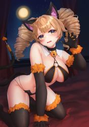 Rule 34 | 1girl, absurdres, alternate costume, animal ears, audio jack, bare shoulders, bell, bikini, blonde hair, breadthree, breasts, cable, cleavage, drill hair, elbow gloves, embarrassed, fake animal ears, fake tail, gloves, highres, kneeling, looking at viewer, medium breasts, medium hair, moon, navel, neck bell, night, shiro (tower of fantasy), solo, swimsuit, tail, tower of fantasy, twin drills, yellow eyes
