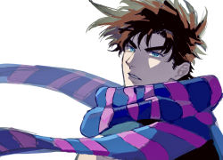 Rule 34 | 1boy, bare shoulders, battle tendency, blue eyes, blue scarf, brown hair, highres, jojo no kimyou na bouken, joseph joestar, joseph joestar (young), looking at viewer, looking to the side, male focus, musou (asatomjj), purple scarf, scarf, solo, spiked hair, striped clothes, striped scarf