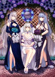 Rule 34 | 3girls, absurdres, azur lane, bare shoulders, belfast (azur lane), belfast (the noble attendant) (azur lane), blue dress, blue eyes, blue gloves, blue hair, blue petals, blue sealad, bouquet, braid, breasts, cleavage, cleavage cutout, clothing cutout, criss-cross halter, dido (anxious bisque doll) (azur lane), dido (azur lane), dress, elbow gloves, flower, french braid, gloves, hair flower, hair ornament, halter dress, halterneck, headband, high heels, highres, large breasts, long dress, long hair, looking at viewer, looking to the side, medium hair, multiple girls, purple dress, purple headband, red eyes, rose, sirius (azur lane), sirius (white rose) (azur lane), sitting, sleeveless, sleeveless dress, very long hair, white dress, white flower, white hair, white rose