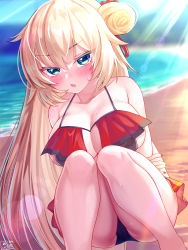 Rule 34 | 1girl, akai haato, akai haato (hololive summer 2019), bare shoulders, beach, bikini, blonde hair, blue eyes, blush, breasts, cleavage, collarbone, highres, hololive, large breasts, long hair, looking at viewer, magowasabi, nail polish, open mouth, outdoors, red bikini, signature, solo, squatting, swimsuit, twitter username, very long hair, virtual youtuber