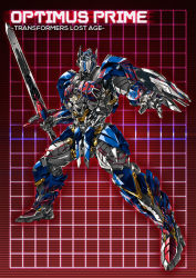 Rule 34 | 1boy, autobot, blue eyes, character name, full body, grid, grid background, headgear, holding, holding sword, holding weapon, huge weapon, looking at viewer, machine, machinery, male focus, mecha, no humans, optimus prime, paintedmike, red background, robot, shield, solo, standing, sword, transformers, weapon