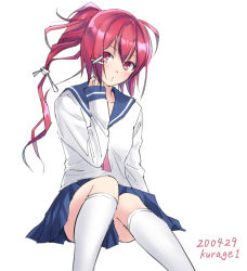 Rule 34 | 1girl, adapted costume, alternate costume, artist name, blue sailor collar, commentary request, dated, feet out of frame, hair ribbon, i-168 (kancolle), invisible chair, kantai collection, kneehighs, kurage1, long hair, looking at viewer, neckerchief, one-hour drawing challenge, pink hair, pink neckerchief, ponytail, red hair, ribbon, sailor collar, school uniform, serafuku, simple background, sitting, socks, solo, white background, white socks