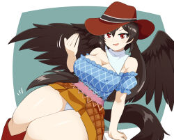 Rule 34 | 1girl, bandana, bare shoulders, black hair, black wings, bonobo (odenokaz), boots, breasts, brown hat, brown skirt, cleavage, cowboy hat, feathered wings, feet out of frame, frilled sleeves, frills, hat, highres, horse girl, horse tail, kurokoma saki, large breasts, low ponytail, off-shoulder shirt, off shoulder, open mouth, panties, plaid, plaid shirt, puffy short sleeves, puffy sleeves, red eyes, red footwear, scarf, shirt, short sleeves, skirt, smile, solo, tail, thick thighs, thighs, touhou, underwear, white bandana, white panties, white scarf, wings
