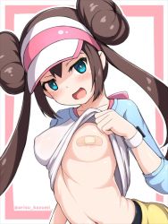Rule 34 | 1girl, areola slip, arisu kazumi, bandaid, bandaids on nipples, blue eyes, blush, bow, breasts, brown hair, clothes lift, commentary request, creatures (company), double bun, eyelashes, game freak, hair bun, lifted by self, long hair, looking at viewer, medium breasts, nintendo, one breast out, open mouth, pantyhose, pasties, pink bow, pokemon, pokemon bw2, raglan sleeves, rosa (pokemon), shirt, shirt lift, smile, solo, twintails, visor cap