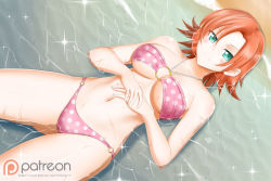 Rule 34 | 1girl, bikini, blush, breasts, cleavage, green eyes, groin, hands on own stomach, hands on stomach, highres, kimmy77, lying, medium breasts, navel, nora valkyrie, o-ring, o-ring bikini, on back, orange hair, partially submerged, rwby, short hair, smile, thighs, water, watermark, wet