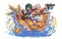 Rule 34 | 2girls, ;p, anne &amp; mary (p&amp;d), bandana, blue eyes, blue skirt, braid, dragon, green eyes, green hair, gun, hair over one eye, hino shinnosuke, long hair, md5 mismatch, multiple girls, official art, one eye closed, orange hair, over shoulder, pirate, pleated skirt, puzzle &amp; dragons, resized, school uniform, serafuku, short hair, simple background, skirt, skull and crossbones, sword, tongue, tongue out, twin braids, water, weapon, weapon over shoulder, white background