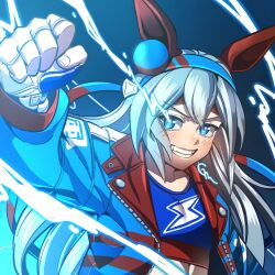 Rule 34 | 1girl, animal ears, blue eyes, blue jacket, blue shirt, blush, breasts, clenched hand, crop top, electricity, eye trail, gaman, gloves, grey hair, grin, hairband, headband, highres, horse ears, jacket, light trail, long hair, long sleeves, looking at viewer, open clothes, open jacket, outstretched arm, shirt, signature, small breasts, smile, solo, tamamo cross (umamusume), umamusume, upper body, v-shaped eyebrows, white gloves