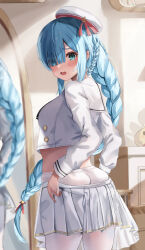 Rule 34 | 1girl, absurdres, azur lane, beret, blue eyes, blue hair, blush, braid, braided ponytail, commentary request, crop top, dressing, from behind, hat, highres, janus (azur lane), janus (fear of changing...clothes) (azur lane), long hair, long sleeves, looking at viewer, mirror, official alternate costume, open mouth, pantyhose, partial commentary, pleated skirt, sailor collar, school uniform, serafuku, shirt, sidelocks, skirt, solo, sweatdrop, watage tanpopo, white hat, white pantyhose, white sailor collar, white serafuku, white shirt, white skirt