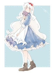 Rule 34 | 1girl, apron, blue dress, blush, boots, bow, bright pupils, brown footwear, closed mouth, commentary request, cross-laced footwear, dotted line, dress, flower, framed, frilled apron, frilled dress, frills, full body, hair bow, hairband, highres, holding, holding flower, kagerou project, kozakura marry, lace-up boots, light blue background, long hair, looking at viewer, mekakucity actors, outside border, petticoat, pink eyes, red bow, red hairband, ribbon, sakusakusakuran, simple background, skirt hold, sleeve cuffs, sleeves past elbows, solo, standing, two-tone background, very long hair, wavy hair, white apron, white background, white hair, white ribbon