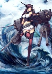 Rule 34 | 10s, 1girl, absurdres, artist name, breasts, cloud, covered erect nipples, fingerless gloves, gloves, highres, kantai collection, large breasts, long hair, looking to the side, miniskirt, nagato (kancolle), navel, pleated skirt, purple hair, red eyes, shou mai, skirt, sky, solo, thighhighs, turret, water, zettai ryouiki