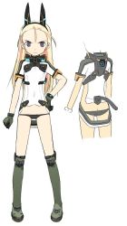 Rule 34 | &gt;:), 00s, 1girl, alternate costume, animal ears, antenna hair, ass, black panties, blonde hair, blush, boots, butt crack, covered navel, elise von dietrich, fake animal ears, flat ass, flat chest, from behind, full body, gloves, green footwear, green gloves, grey eyes, grin, groin, hairband, headgear, knee boots, light smile, long hair, looking at viewer, lowleg, lowleg panties, motionslit, multiple views, official art, panties, shimada fumikane, simple background, sky girls, smile, standing, tail, turtleneck, underwear, v-shaped eyebrows