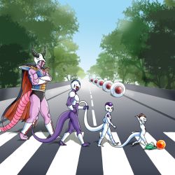 Rule 34 | 1990s (style), 4boys, abbey road, alien, animal, armor, cape, colored skin, cooler (dragon ball), creature, crosswalk, dragon ball, dragon ball (object), dragonball z, frieza, frog, from side, full body, happy, horns, king cold, kuriza, male focus, multiple boys, muscular, nature, neko majin z, outdoors, parody, pink skin, plant, purple skin, retro artstyle, road, sky, smile, space pod, spacecraft, street, tail, tail grab, the beatles, tree, walking, white skin