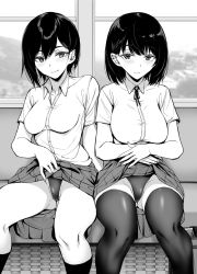 Rule 34 | 2girls, black hair, blush, breasts, clothes lift, commentary request, exhibitionism, gentsuki, greyscale, highres, large breasts, lifting own clothes, looking at viewer, medium breasts, monochrome, multiple girls, original, pleated skirt, public indecency, ribbon, school uniform, short hair, sitting, skirt, skirt lift, smile, swimsuit, swimsuit under clothes, thighhighs, train interior