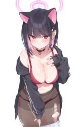 Rule 34 | 1girl, animal ears, black choker, black hair, black jacket, blue archive, blush, bra, breasts, choker, cleavage, closed mouth, clothes pull, hair ornament, hairclip, halo, hand on own chest, highres, jacket, kazusa (blue archive), large breasts, long sleeves, looking at viewer, medium breasts, multicolored hair, nikuya (nikuniku nikuya), off shoulder, open clothes, open jacket, panties, pantyhose, pink hair, red bra, red eyes, red panties, short hair, simple background, skirt, skirt pull, solo, sweat, torn clothes, torn pantyhose, underwear, white background, white skirt