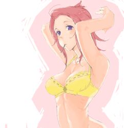 Rule 34 | 1girl, armpits, arms up, bad drawr id, bad id, bare arms, blue eyes, bra, breasts, character request, copyright request, food, lingerie, long hair, looking at viewer, medium breasts, mouth hold, oekaki, pego (peco peco), pink background, pocky, red hair, ribs, short hair, simple background, solo, stomach, two-tone background, underwear, underwear only, white background, yellow bra