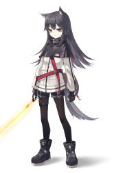 Rule 34 | 1girl, animal ear fluff, animal ears, arknights, bad id, bad pixiv id, black gloves, black hair, black pantyhose, brown eyes, cat ears, expressionless, fingerless gloves, flipped hair, full body, gloves, highres, jacket, long hair, long sleeves, looking at viewer, nam (nam990902), pale skin, pantyhose, shorts, simple background, solo, standing, texas (arknights), white background, white jacket