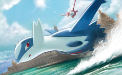 Rule 34 | arita mitsuhiro, blue sky, building, cloud, cloudy sky, creature, creatures (company), day, flying, game freak, gen 3 pokemon, latias, latios, legendary pokemon, looking at another, looking back, nintendo, no humans, official art, outdoors, pokemon, pokemon (creature), pokemon tcg, red eyes, sky, sun, third-party source, water, yellow eyes