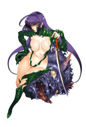 Rule 34 | 1girl, armor, bikini armor, breasts, hand on own hip, hip focus, large breasts, long hair, monster, navel, official art, purple hair, red eyes, severed head, solo, sumita kazuasa, takeru (witchblade takeru), tears, very long hair, witchblade, witchblade takeru
